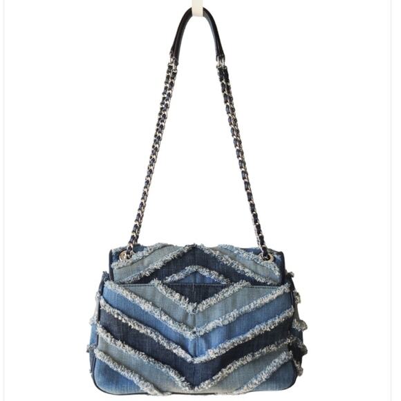Michael Kors Sloan Denim Crossbody Shoulder Bag Blue Chevron Fringe Patchwork - Picture 4 of 16